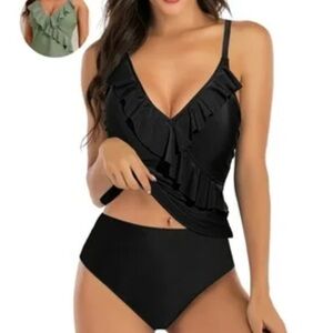 Women's‎ Two Piece Plus Halter Shoulder Tankini Black Swimsuit NWT Size 2XL